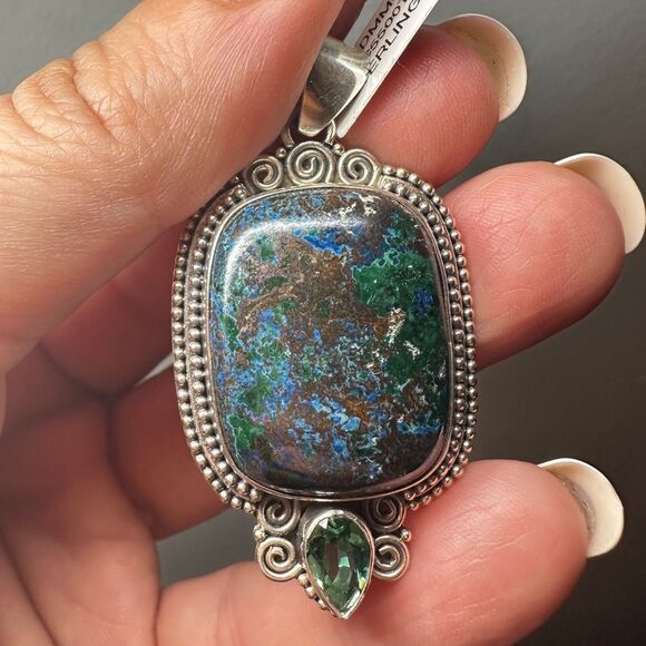 NWT Azurite and Green Quartz in Bali Sterling Silver Pendant! - Picture 11 of 12